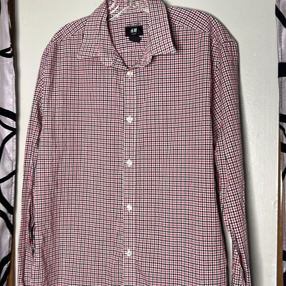 H&M Slimfit easy iron micro plaid long sleeve, button down shirt, large - Picture 6 of 12